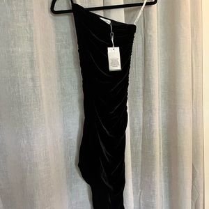 Revolve Black velvet midi 1 shoulder dress